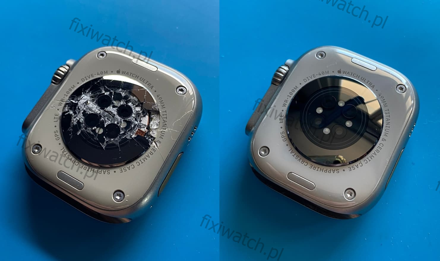Zbita tylna szybka Apple Watch Ultra przed i po wymianie